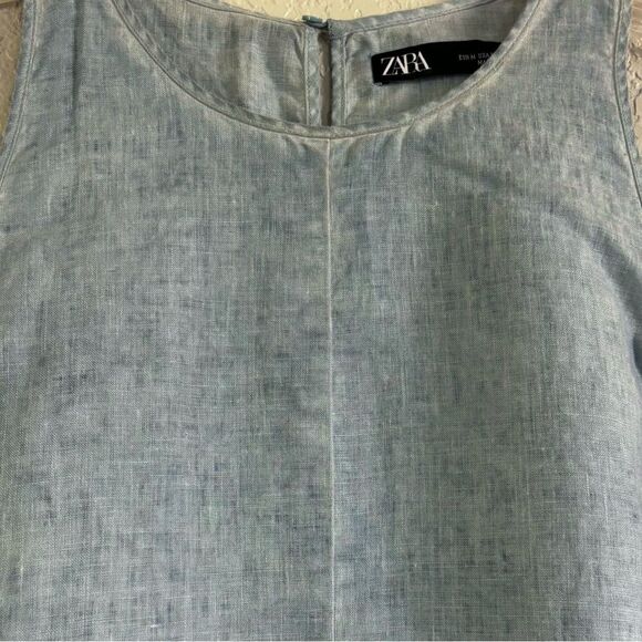 Zara Vela Linen Chambray Blue Raw Hem Swing Shift Sleeveless Dress, Medium - Picture 4 of 11